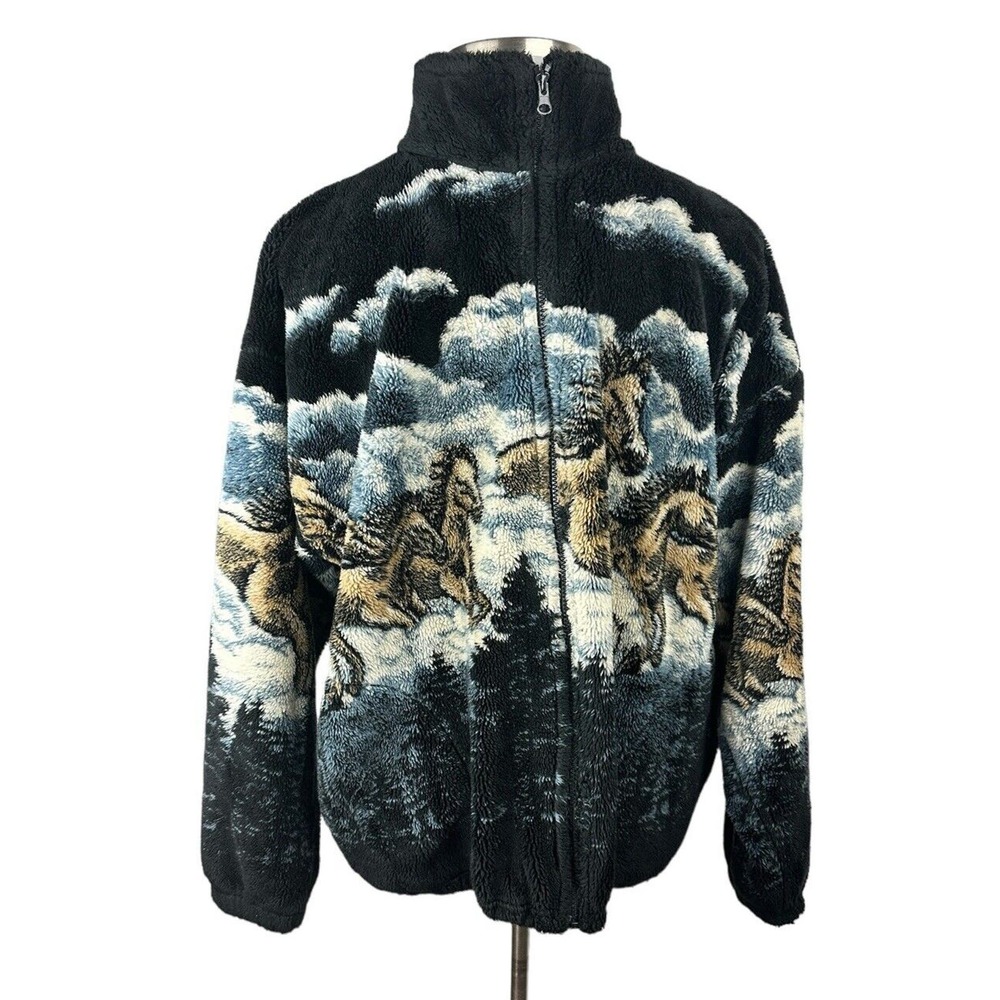 Vtg Mazmania Horse Fleece Sherpa Coat Multicolor Full Zip USA Made Equestrian XL - Picture 9 of 10